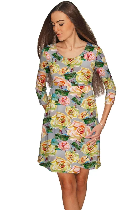Prima Donna Gloria Empire Waist Grey Floral Dress - Women A-Line Day Work