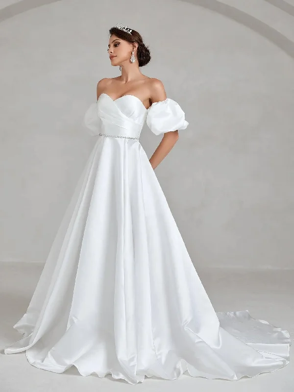 Puff Sleeve Rhinestone Waistband Satin Tube Wedding Dress Tunics Running lightweight