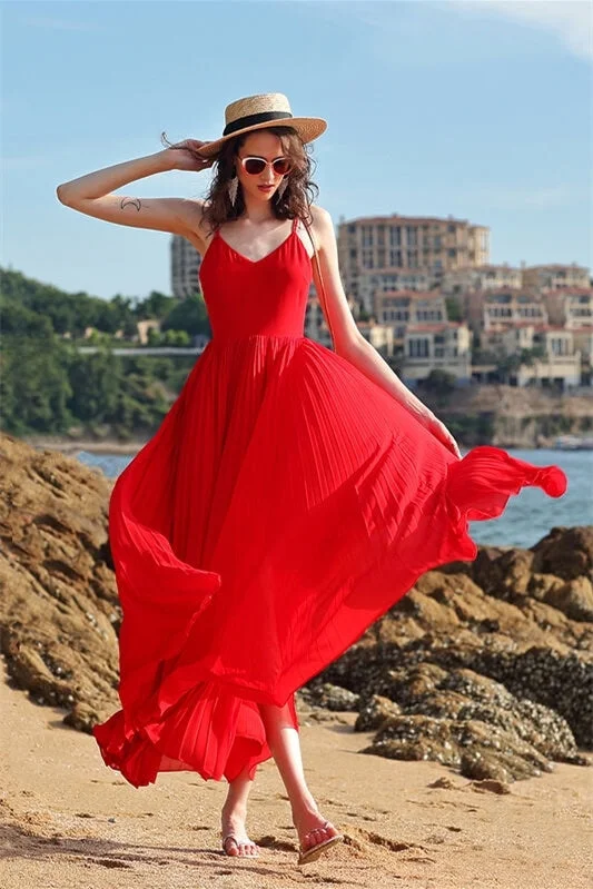 Red Chiffon Summer Long Dress Tunics Vintage classic