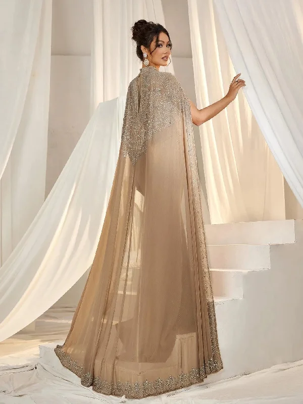 Rhinestone Detail Mock Neck Mermaid Hem Formal Cape Dress Crew Neckline Sporty