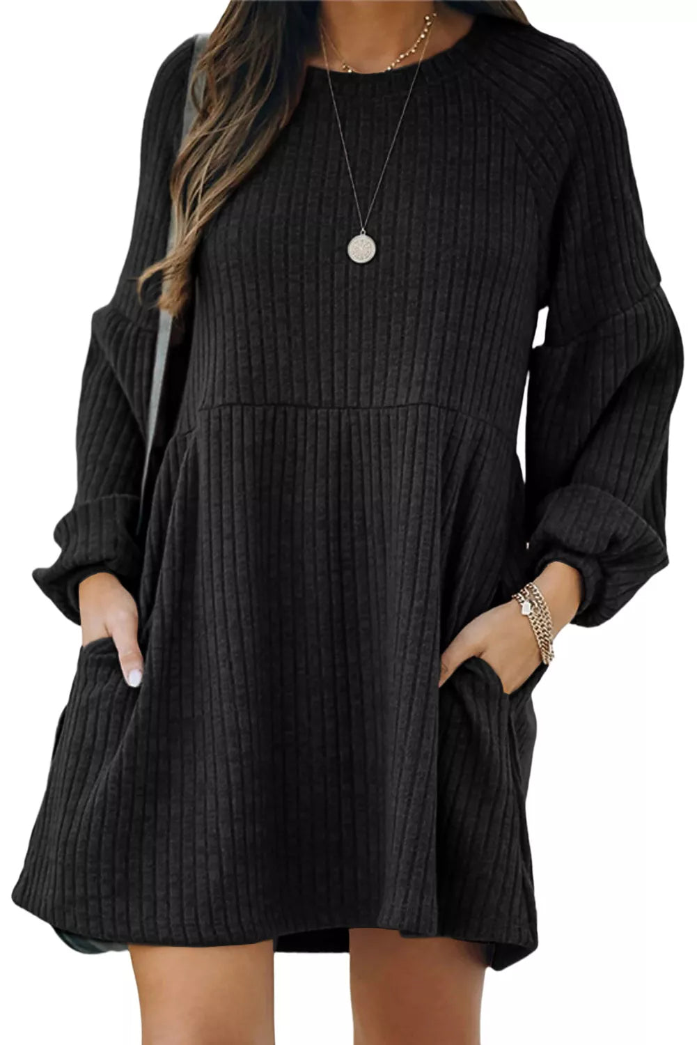 Round Neck Empire Waist Ribbed Knit Dress Tunics Distressed trendy