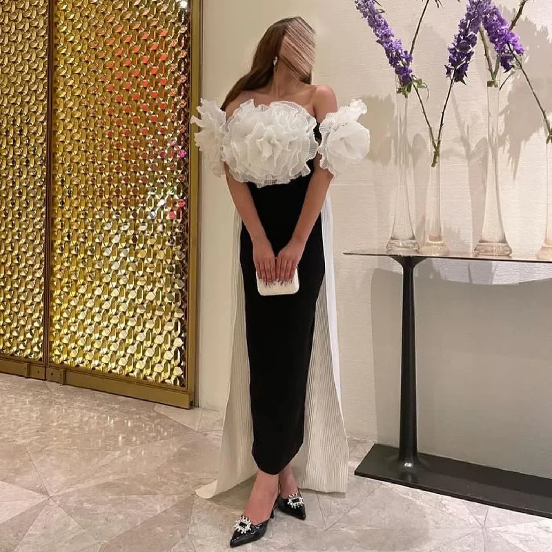 Elegant Black and White 3D Flowers Mermaid Dress with Cape SF018 Boatneck Modish Everyday Elegant Black and White 3D Flowers Mermaid Dress with Cape SF018 Boatneck Modish Everyday