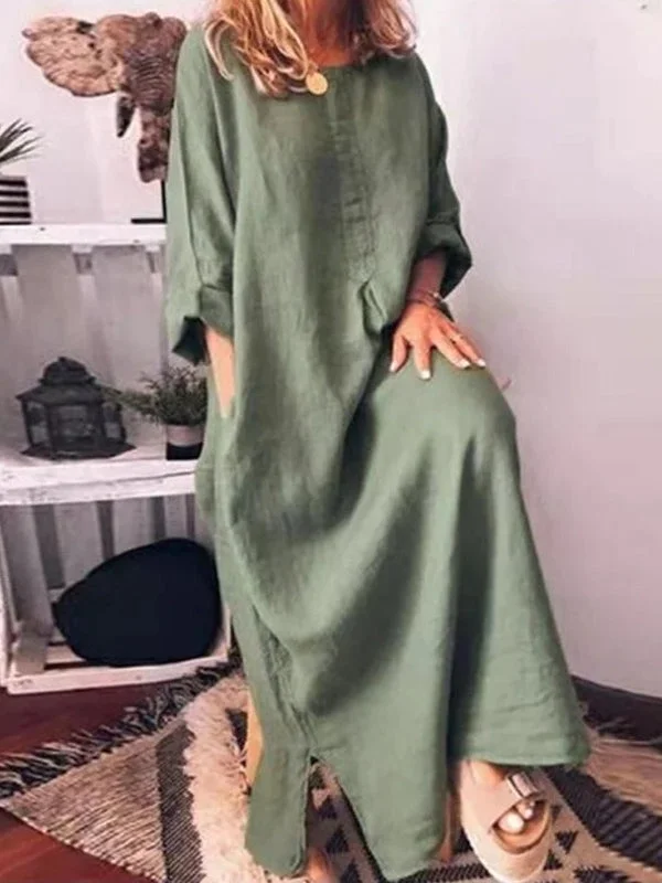 Slit Long Sleeve Cotton Linen Long Dress Tunics Short Trendy