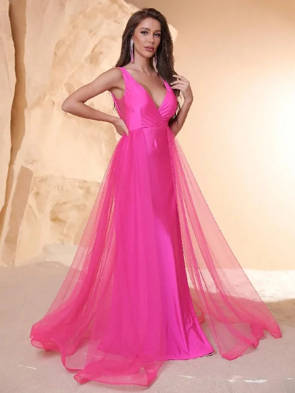V Neck Backless Satin A Line Dresses Mesh Layer On Waist Tunics Seasonal trendy