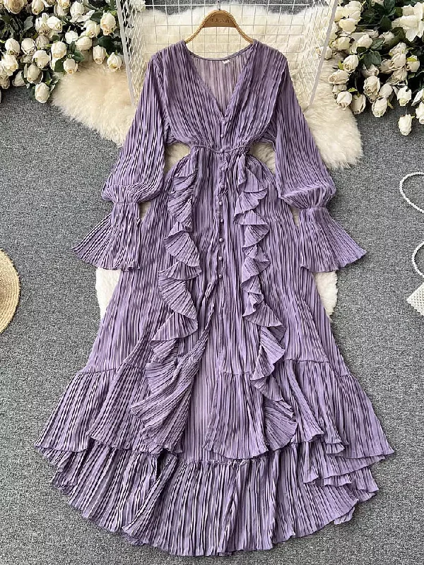 Vintage V-neck Flare Sleeve Chiffon Pleated Long Dress Women Square Neckline Feminine Vintage V-neck Flare Sleeve Chiffon Pleated Long Dress Women Square Neckline Feminine