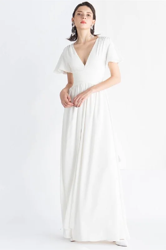 White Chiffon Long Dress with Slit Tunics Ceremony elegant