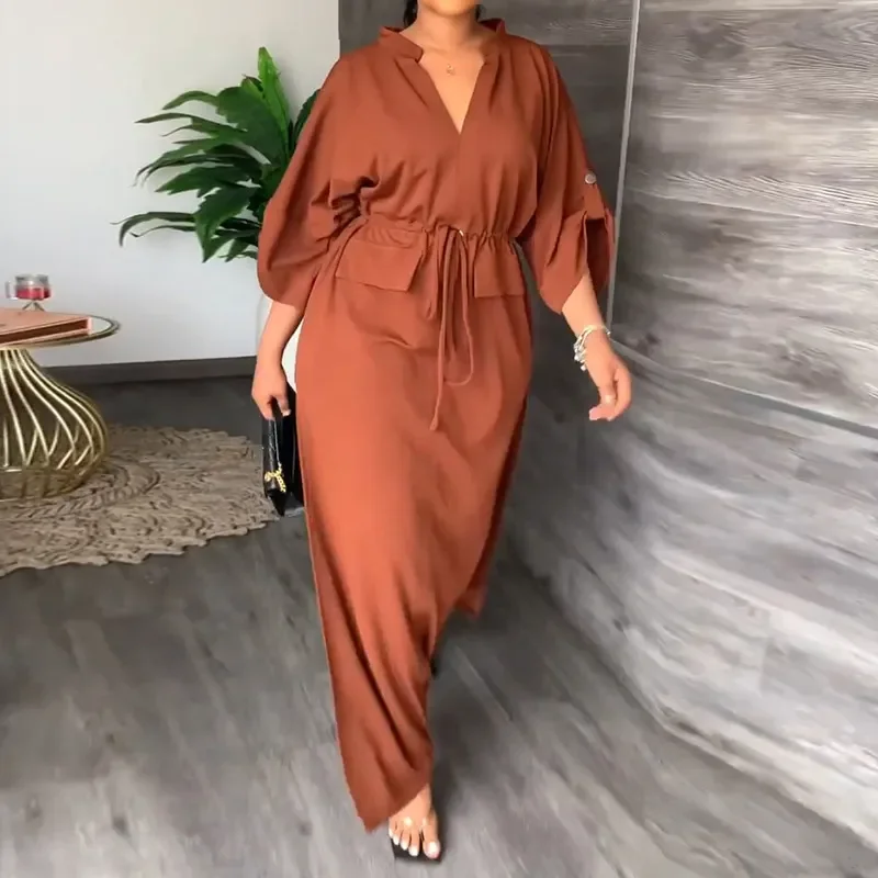 Women Ramadan /Eid Fashion V-Neck Solid Color Waist Drawstring Split Dress Tunics Stylish elegant Women Ramadan /Eid Fashion V-Neck Solid Color Waist Drawstring Split Dress Tunics Stylish elegant