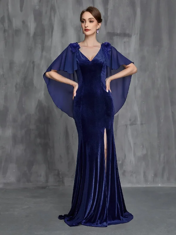 Womens' Applique Detail Mermaid Hem Velvet Cape Dress Tunics Mesh breathable