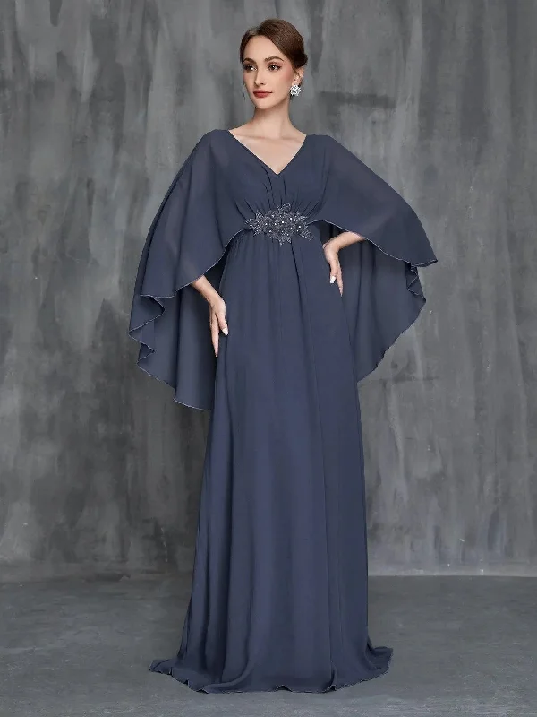 Womens' Applique Detail V Neck Chiffon Cape Dress Tunics Silk luxurious