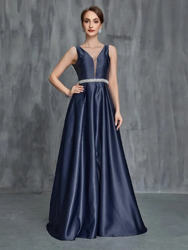 Womens' Backless Rhinestone Waistband Satin Formal Dress Tunics Polka dots