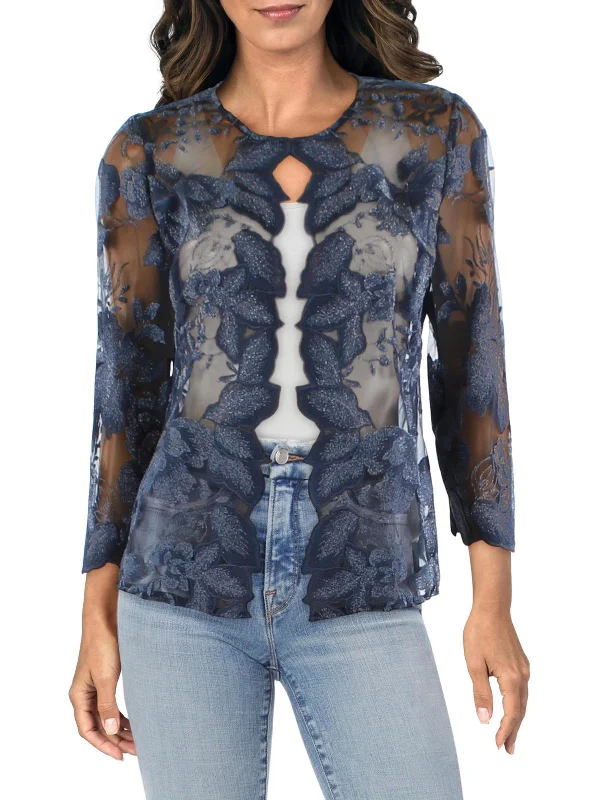 Womens Lace Mesh Collarless Blazer Spring Women's Coat