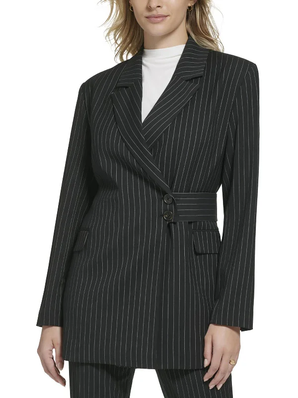 Womens Pinstripe Polyester Two-Button Blazer Cotton Blend Blazer