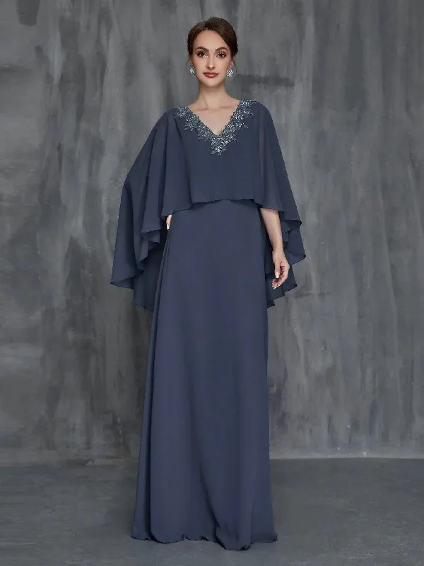 Womens' Solid Applique Detail V Neck Chiffon Cape Dress Tunics Satin smooth