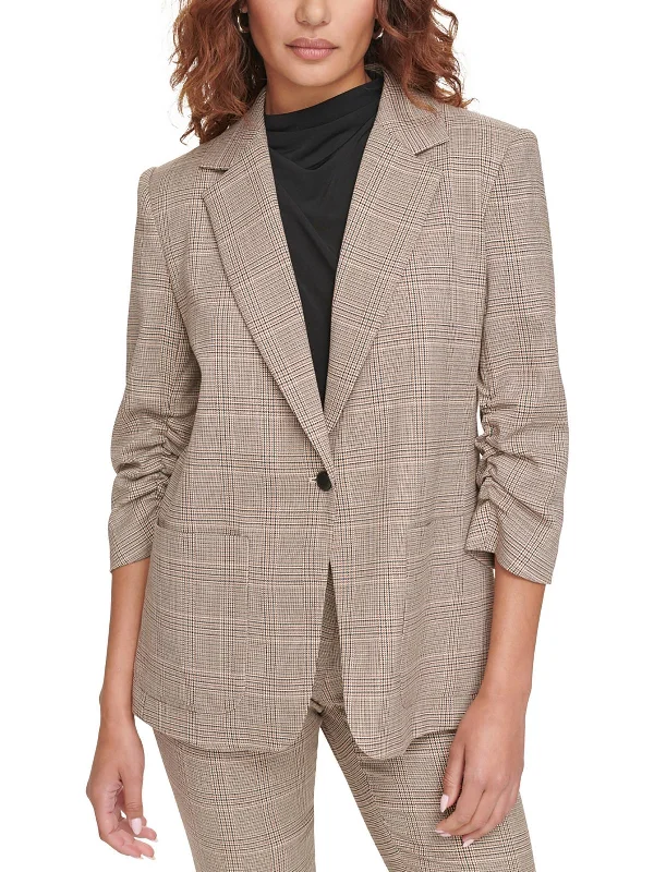 Womens Window Pane Houndstooth One-Button Blazer Women's Navy Jacket