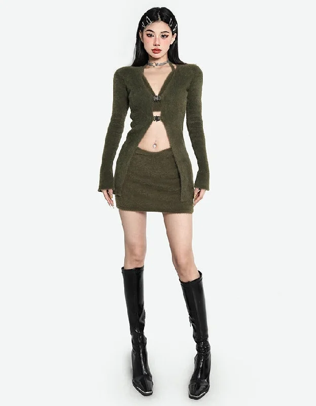 Alisson Solid Color Dark Green Three Piece Top Cardigan Mini Skirt Matching Set Mesh Fabric Canvas Fabric Denim Fabric