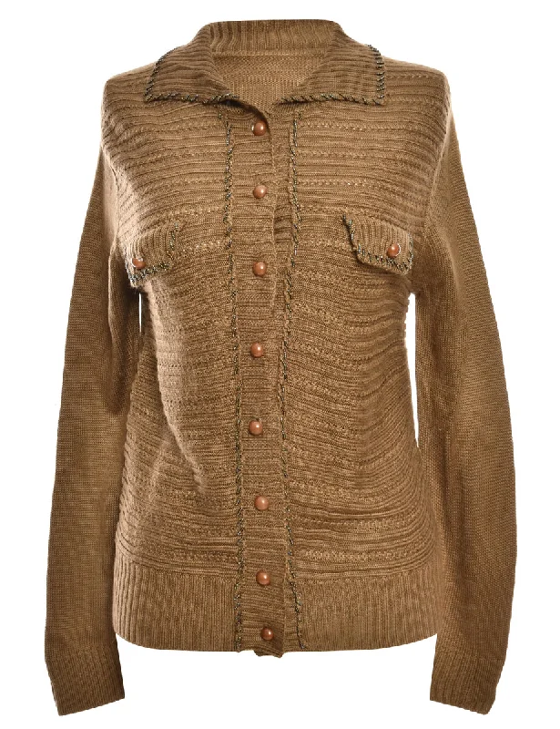 Brown Button Front Cardigan - S Open Front Closed Front Wrap Front