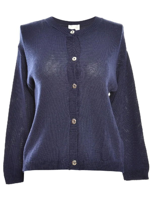 Button Through Navy Cardigan - M Cable Knit Ribbed Knit Lace Knit