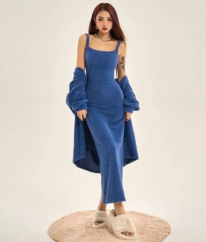 Caroline Solid Color Blue Cardigan Long Slim Spaghetti Strap Dress Set Striped Floral Plaid