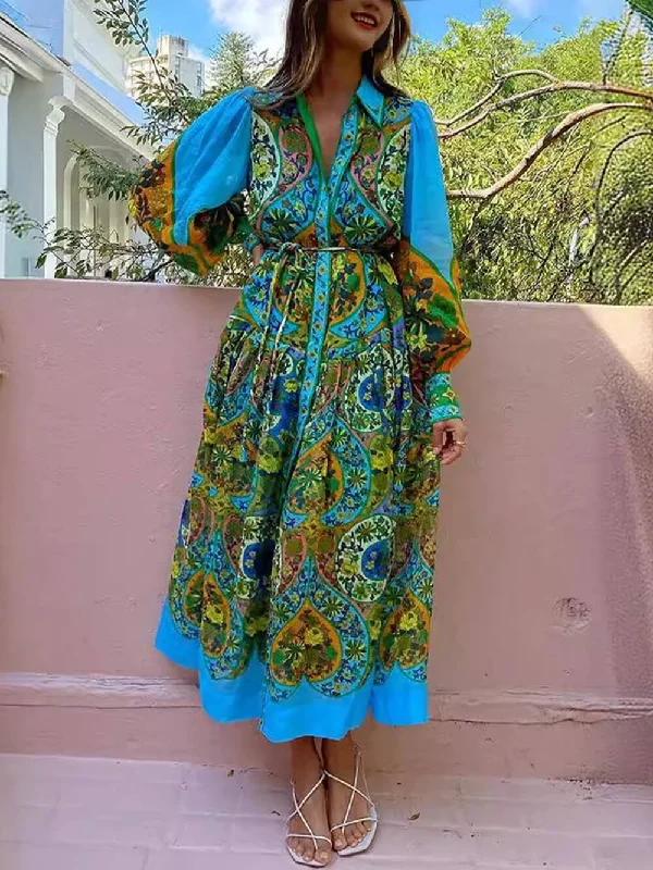 Ethnic Print Cardigan Charming Lace-Up Lapel Long-Sleeved Dress Fitted Loose Oversized