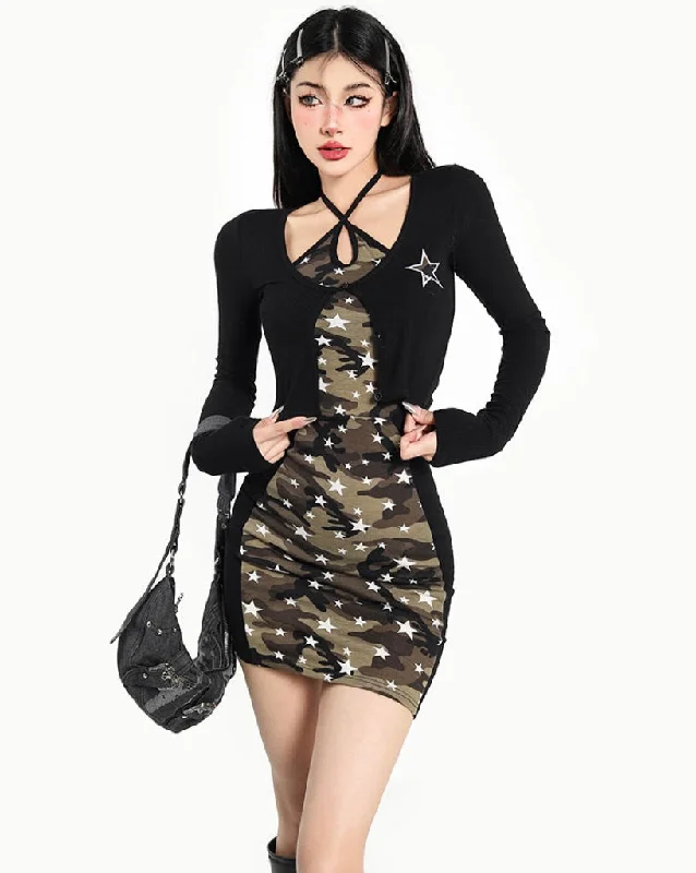 Harley Black Patchwork Camouflage Star Print Slim Halter Slim Mini Dress Solid Color Black Cardigan Matching Set Spandex Rayon Corduroy