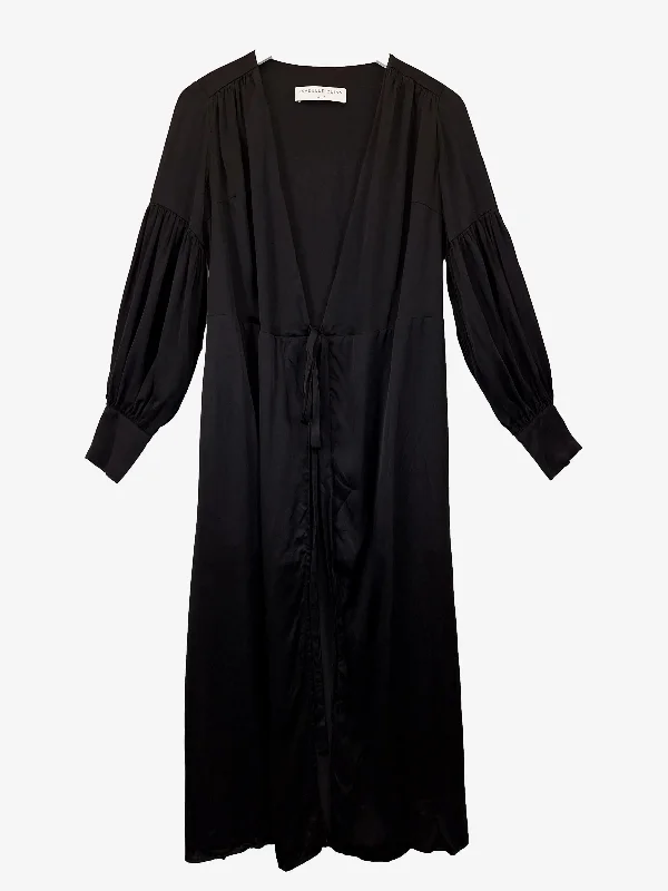 Isabelle Quinn Midnight Shiny Pure Silk Long Cardigan Size 10 Zippered Front Buttoned Front Snap Front