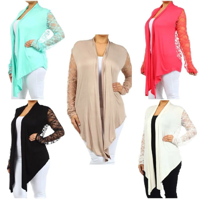 Plus Cardigan Lace Long Sleeve Open Front Asymmetrical Wrap Floral Casual Women Front Pockets Side Pockets Patch Pockets