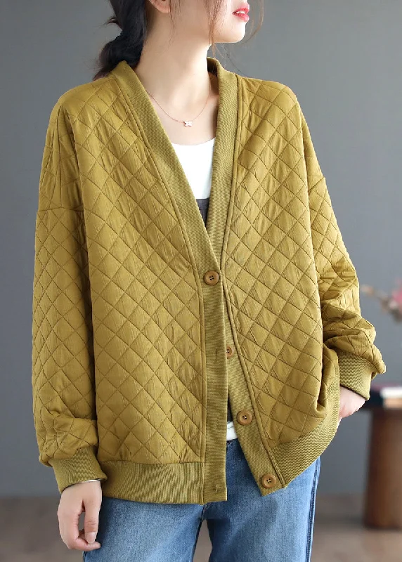 Plus Size Yellow V Neck Button Cotton Cardigan Coats Fall Seamless Knitted Crochet