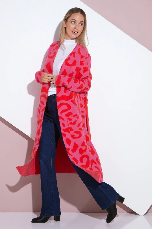 Swift Wraparound Oversized Tie Waist Cardigan - Pink/Red Cheetah Print Tailored Straight A-Line