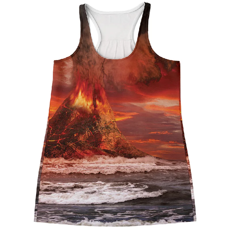 Volcano On The Sea Print Women's Racerback Tank Top ivory tank top