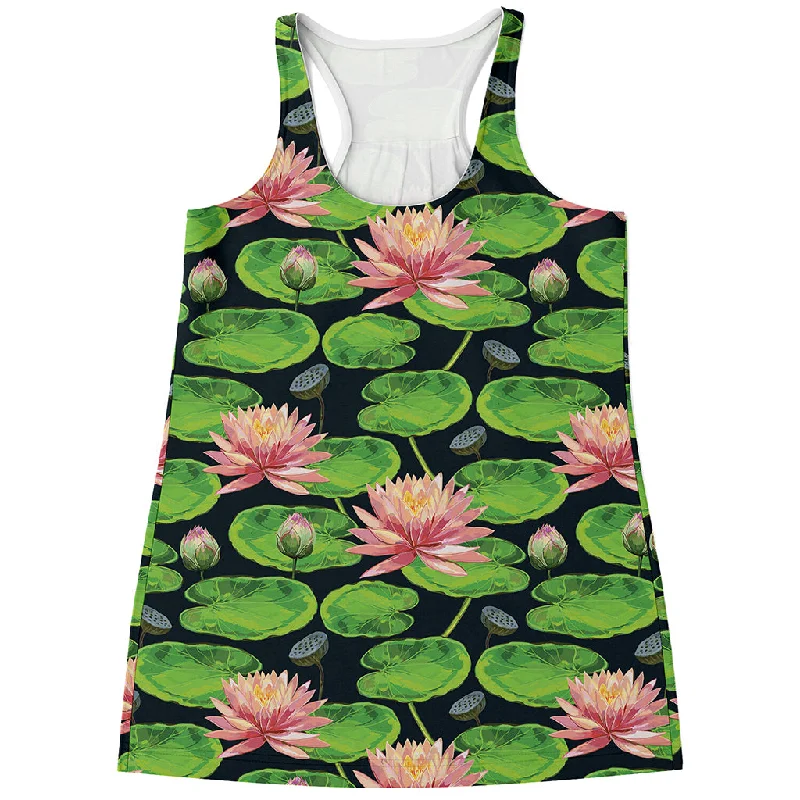 Water Lily Flower Pattern Print Women's Racerback Tank Top flexible tank top