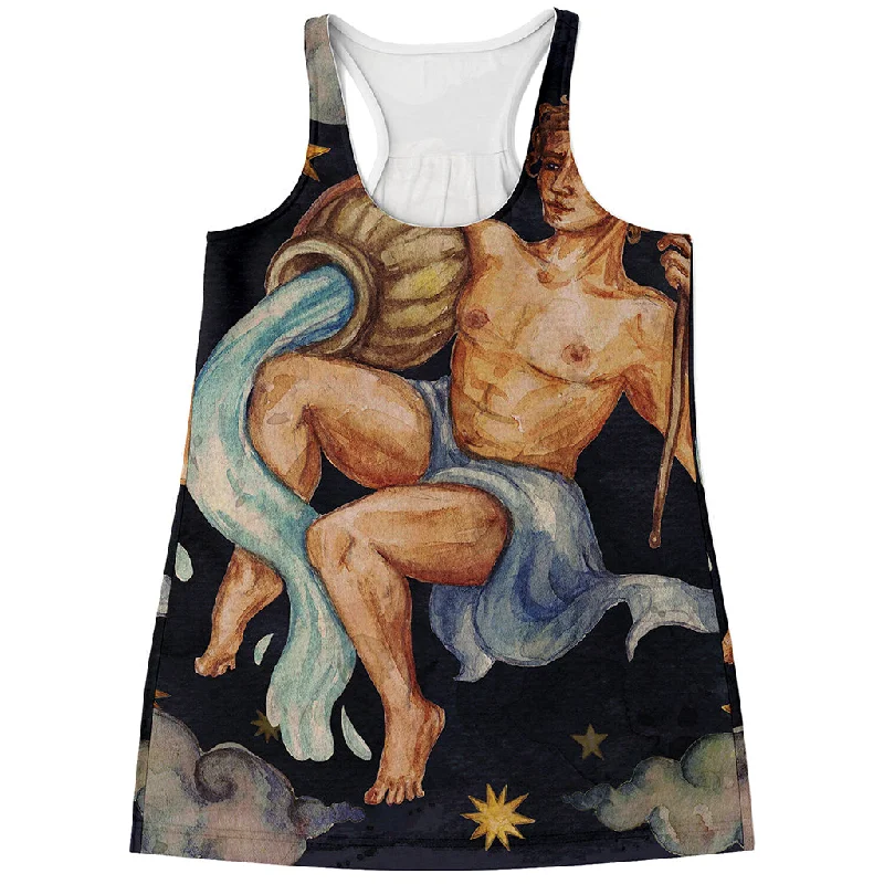 Watercolor Aquarius Zodiac Sign Print Women's Racerback Tank Top high neck tank
