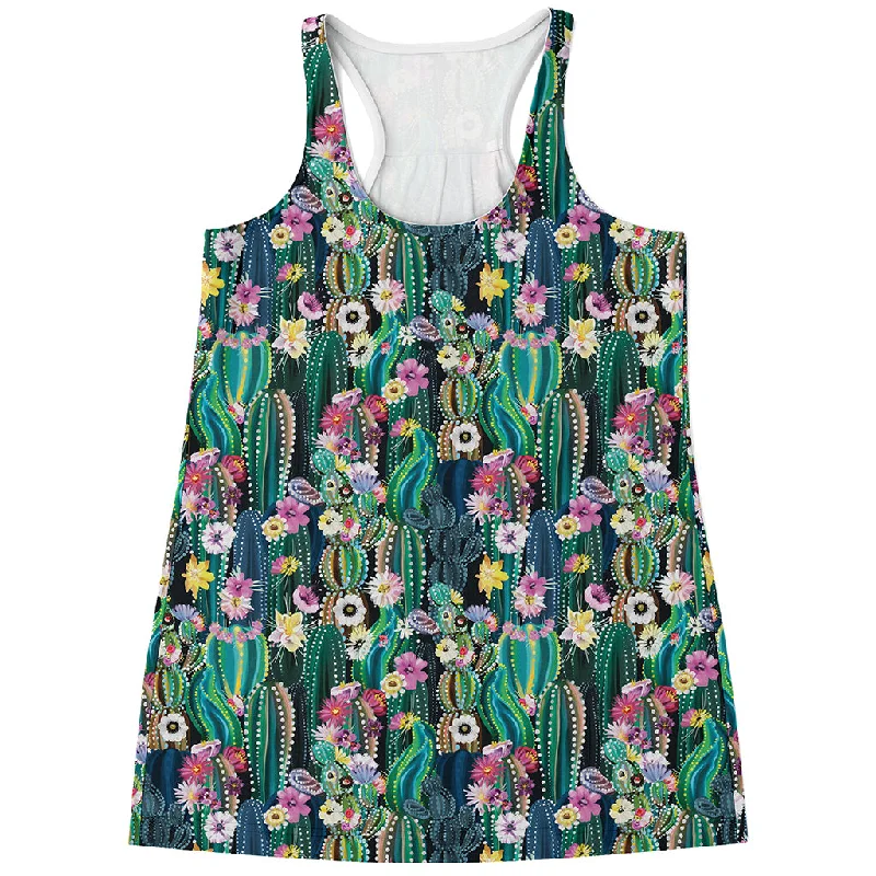 Watercolor Blooming Cactus Print Women's Racerback Tank Top lace back tank