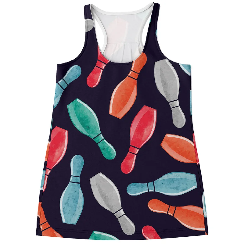 Watercolor Bowling Pins Pattern Print Women's Racerback Tank Top lace tank top