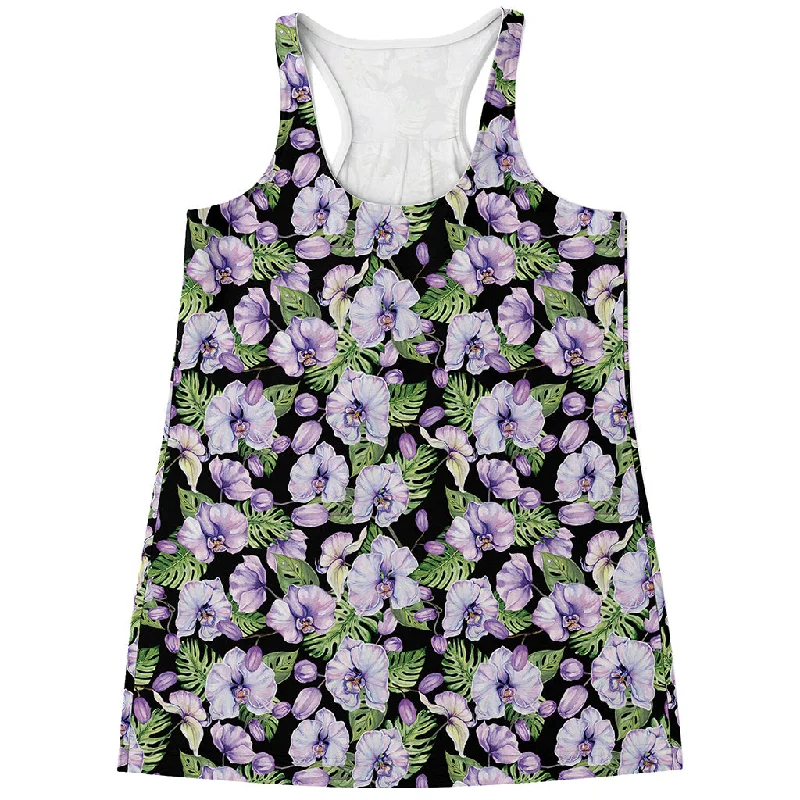 Watercolor Cattleya Pattern Print Women's Racerback Tank Top navy tank top
