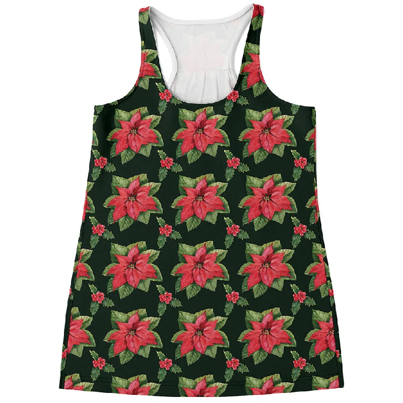 Watercolor Christmas Poinsettia Print Women's Racerback Tank Top flexible tank top