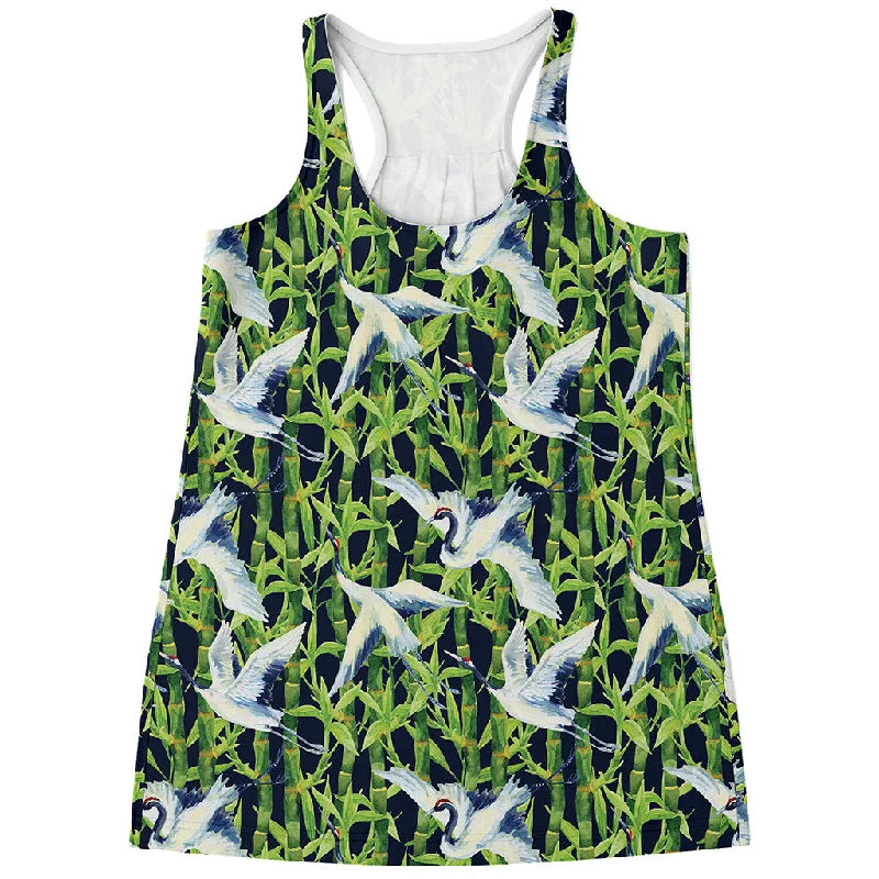 Watercolor Crane Bird Pattern Print Women's Racerback Tank Top cold shoulder tank