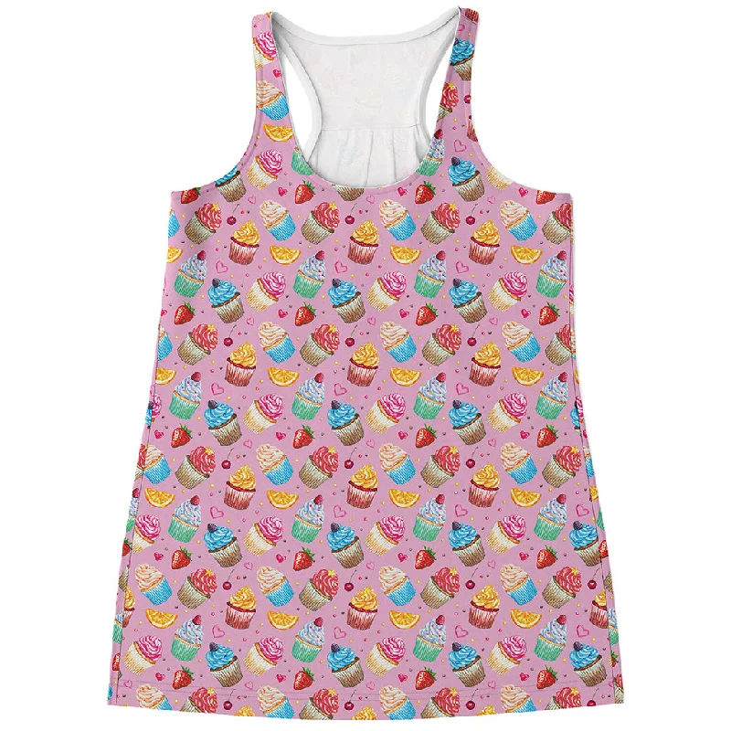 Watercolor Cupcake Pattern Print Women's Racerback Tank Top lace back tank