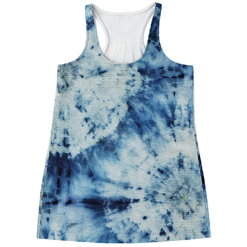 White And Blue Tie Dye Print Women's Racerback Tank Top athletic tank top