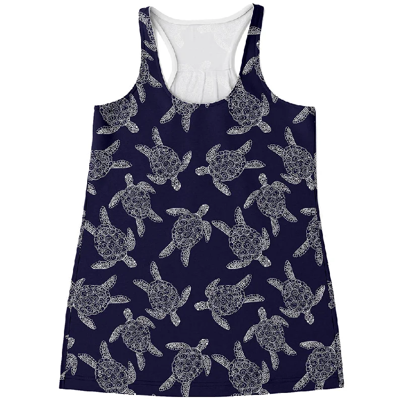 White And Blue Turtle Pattern Print Women's Racerback Tank Top rhinestone tank top