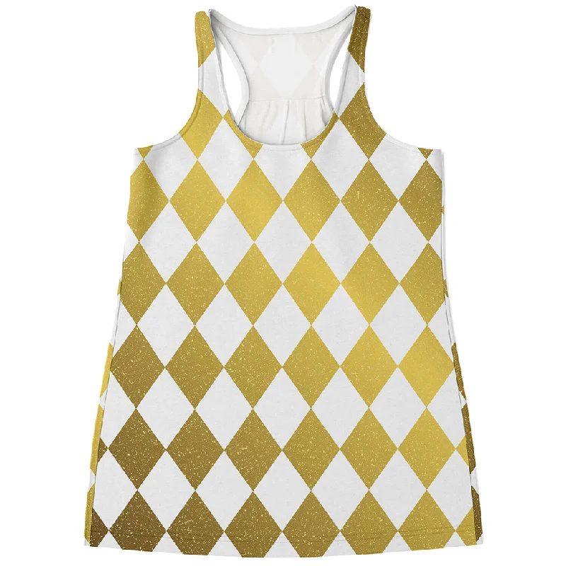 White And Gold Harlequin Pattern Print Women's Racerback Tank Top mint tank top